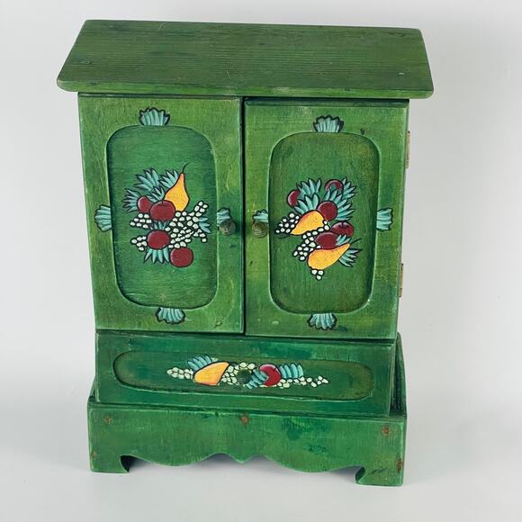 Folk Art Hand Painted Wood Green Small Box Doll Armoire 9 3/8 x 7 3/16 x 3 7/8” - Picture 1 of 6